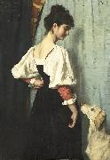 Therese Schwartze Young Italian woman with a dog called Puck. USA oil painting artist